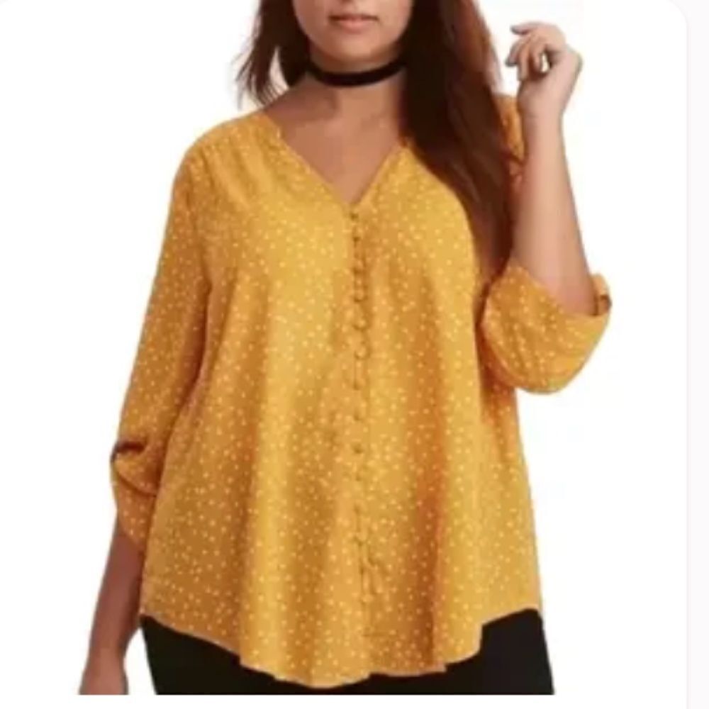 Torrid Yellow and White Polka Dot Roll Tab Sleeve Button Up Blouse 1X